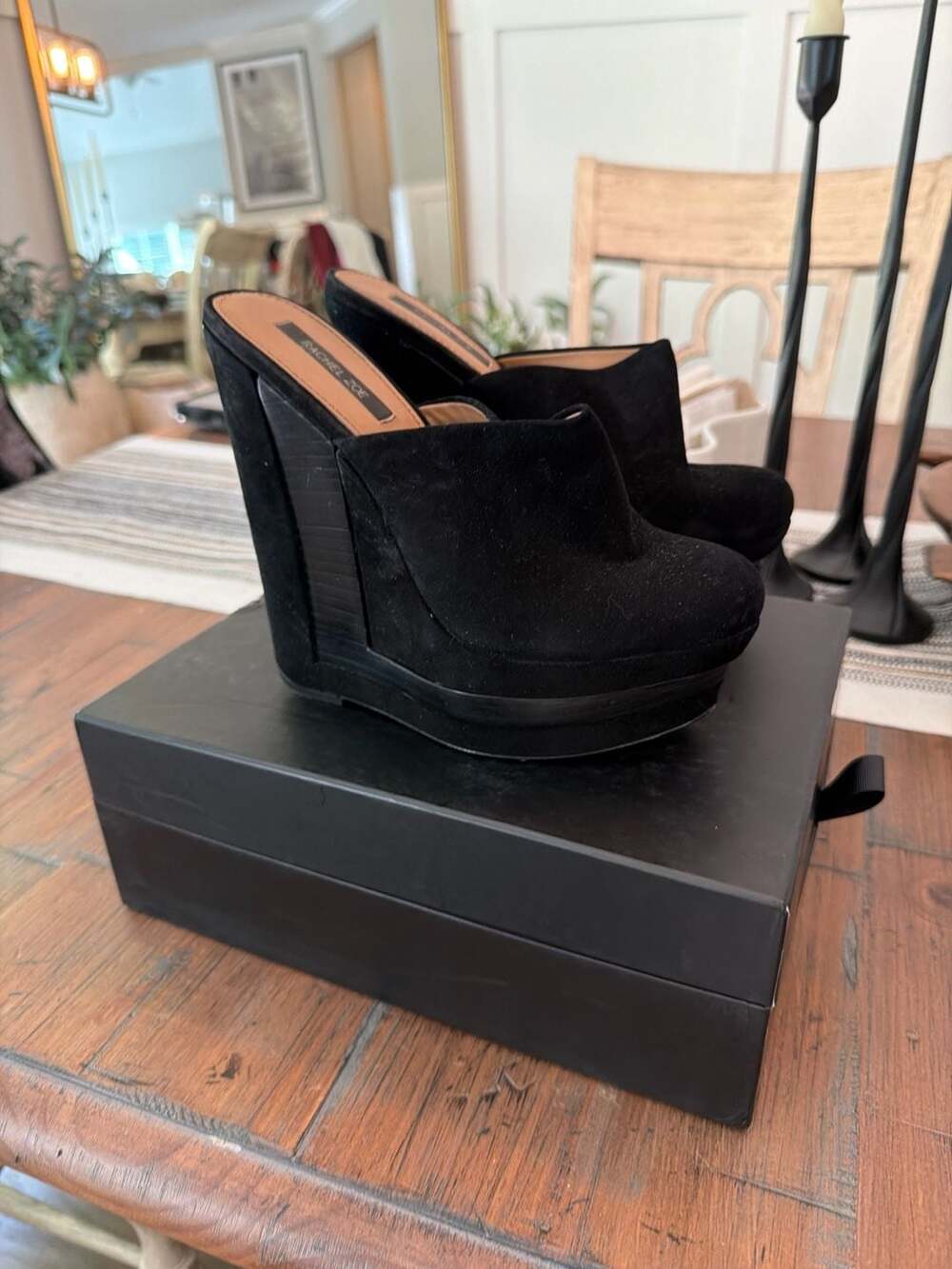Rachel Zoe Emma Black Suede Platform Wedge Mules Size 7M